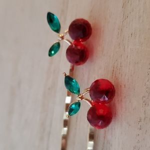 Pair of gold or silvertone crystal cherries  with leaves hair pins bobby pins